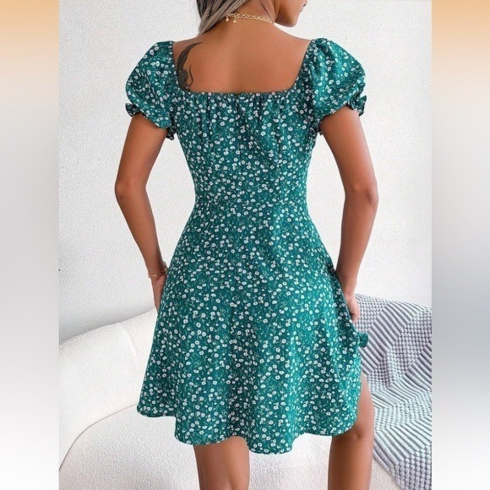 Womens Off Shoulder Mini Dress Green White Ditsy Floral Sweetheart Tie Neck Puff - Picture 3 of 13